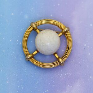 Vintage White Faux Pearl Center Cross Ring Gold Tone Brooch | J30